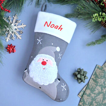 Personalised Grey Knitted Stocking With Santa, 2 of 4