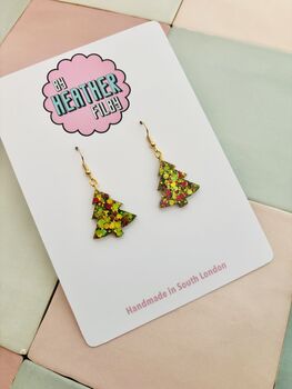 Green And Red Christmas Tree Glitter Resin Earrings / Traditional Holiday Jewellery / Christmas Gift / Secret Santa Gift, 8 of 10