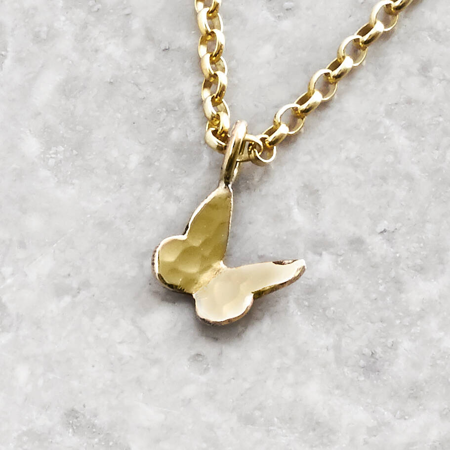 Tiny Solid Gold Butterfly Necklace On Gold Chain, 1 of 4
