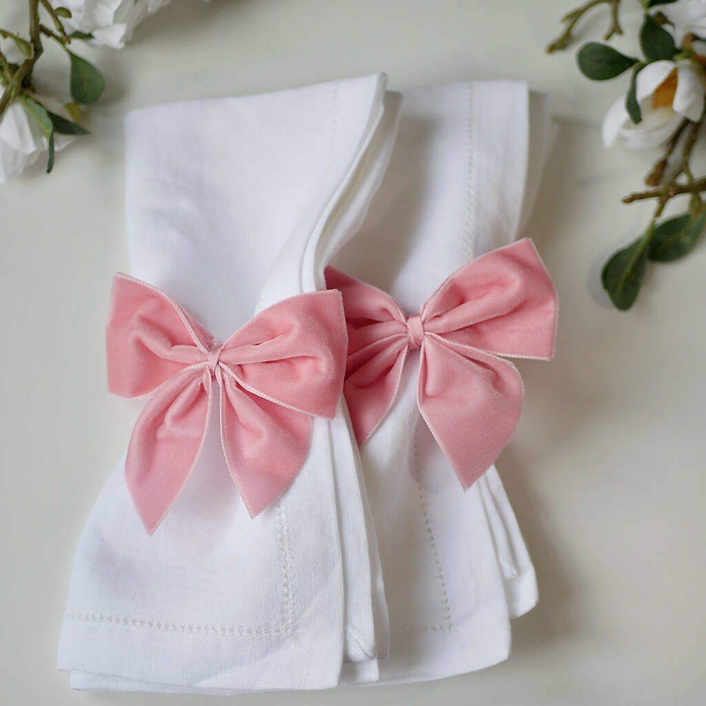 Pair Of Baby Pink Velvet Napkin Bows By Dress For Dinner Tablescapes