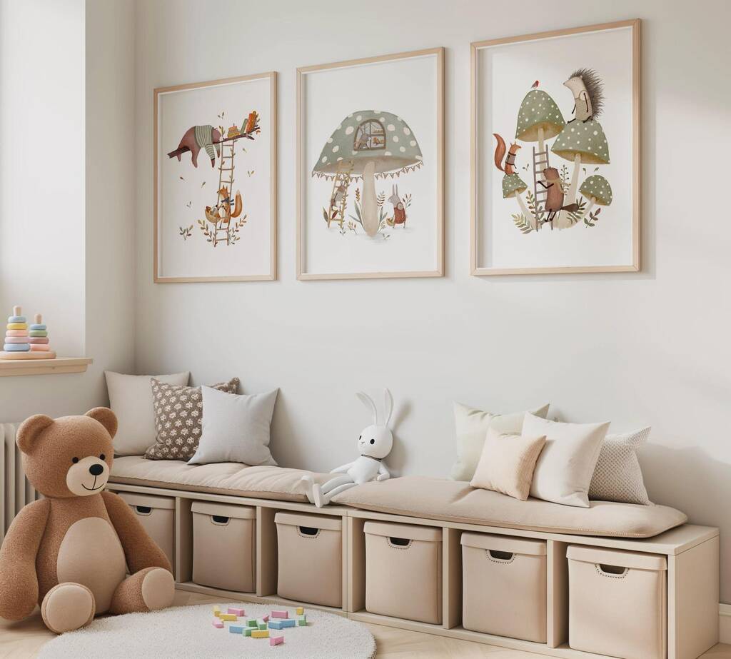 Woodland Mushroom House Animals Nursery Wall Art Set, 1 of 3