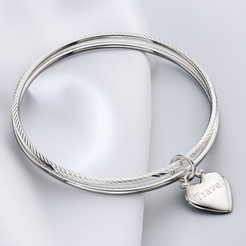 Personalised Heavy Sterling Silver Double Bangle With Heart Charm, 2 of 9