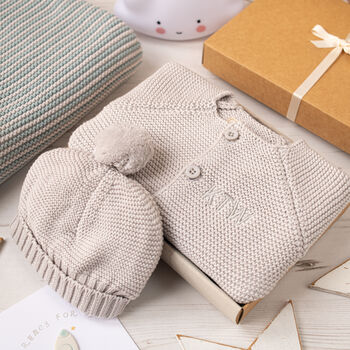 Luxury Grey Bobble Hat And Cardigan Baby Gift Box, 10 of 10