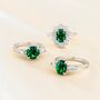 Emerald Oval Cut Three Stone Engagement Ring In Sterling Silver And Gold, thumbnail 4 of 12