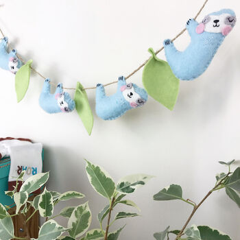 Hand Embroidered Sloth And Jungle Leaves Felt Garland, 3 of 9