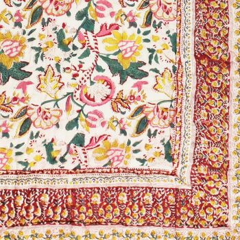 Deep Red, Green And Mustard Floral Indian Block Printed Cotton Bed Quilt, 7 of 9