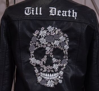 Till Death Floral Skull Biker Jacket, 5 of 10