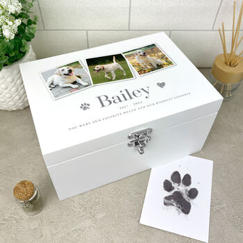 Personalised Three Photo Pet Memorial White Wooden Keepsake Box 22cm | 27cm | 30cm, 4 of 12