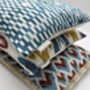 Modern, Oblong, Velvet, Ikat, Cushion With Silk Tassels Brown, Blue, Cream Herringbone Pattern Design, thumbnail 9 of 10