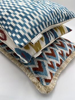 Modern, Oblong, Velvet, Ikat, Cushion With Silk Tassels Brown, Blue, Cream Herringbone Pattern Design, 9 of 10