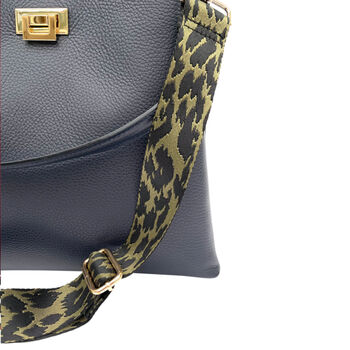 Navy Leather Tote Bag With Olive Green Cheetah Strap, 2 of 8