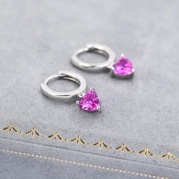 Sterling Silver Ruby Pink Heart Cz Huggie Hoop, 5 of 9