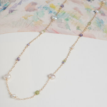 Dainty Peridot Zircon Pearl Chain Necklace, 2 of 12