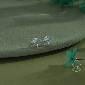 Enamel Ginkgo Leaf Stud Earrings In Sterling Silver, 2 of 11
