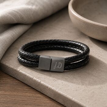 Men's Personalised Leather And Black Clasp Bracelet, 6 of 9