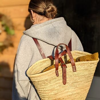 French Market Basket Backpack Adjustable Leather Straps, 2 of 7