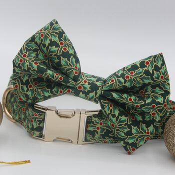 Green And Gold Holly Christmas Dog Bow Tie, 8 of 12