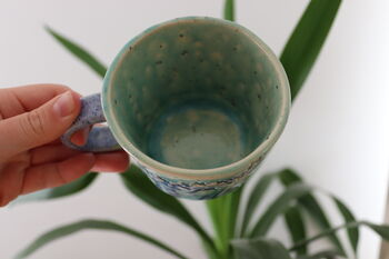 Hand Built Blue And Green Flower Pressed Mug, 5 of 5