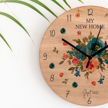 Personalised Peach And Navy Roses Cherry Wood Clock, 2 of 3