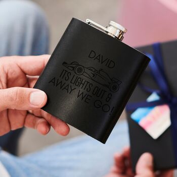 Personalised Leather Hip Flask With Formula One Design For F1 Fan, 3 of 5