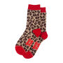 Leopard Print Contrast Cuff Women's Bamboo Socks Beige Red, thumbnail 5 of 5