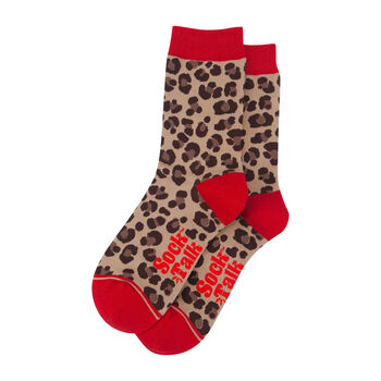 Leopard Print Contrast Cuff Women's Bamboo Socks Beige Red, 5 of 5