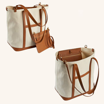 Sustainable Canvas And Leather Tote Bag With Clutch, 8 of 11