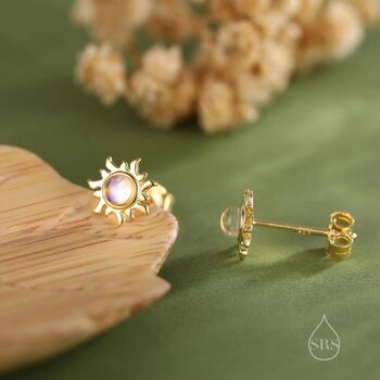 Tiny Sun Moonstone Stud Earrings In Sterling Silver, 3 of 12