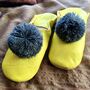 Grey Pompom Yellow Leather Babouches, thumbnail 2 of 3