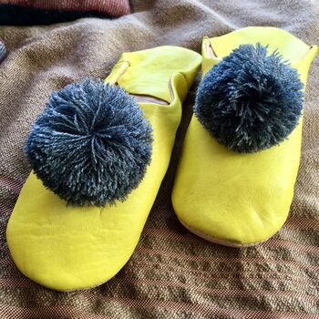 Grey Pompom Yellow Leather Babouches, 2 of 3