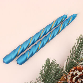 G Decor Set Of Two Handmade Maison Dorée Royal Blue Spiral Glitter Stripe Dinner And Taper Candles, 2 of 6