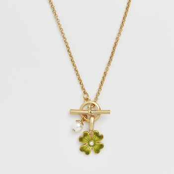 Gold Lucky Clover And Pearl Toggle Necklace, 2 of 8