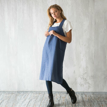 Navy Linen Crossover Pinafore Apron With Pockets, 2 of 12