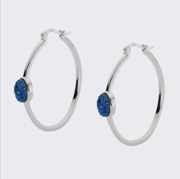 925 Sterling Silver Blue Druzy Crystal Large Hoops, 2 of 3