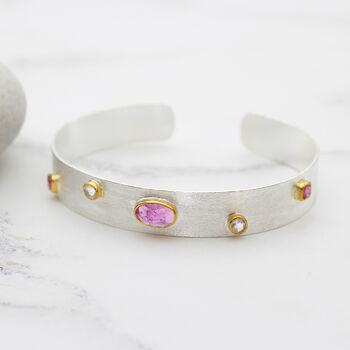 Pink Tourmaline Gemstone Silver Cuff Bracelet, 3 of 8