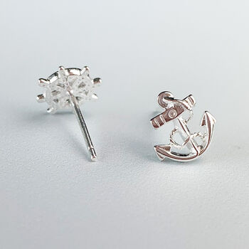 Sterling Silver Nautical Anchor And Wheel Stud Earrings, 2 of 5