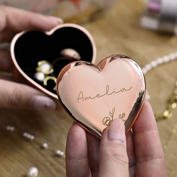 Personalised Floral Rose Gold Heart Jewellery And Keepsake Box, 2 of 4