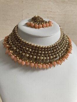 Indian Gold Plated Peach Pearl Choker Set, 2 of 7