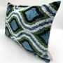 Oblong Velvet Ikat Cushion Blue Green Bulbous, thumbnail 4 of 6
