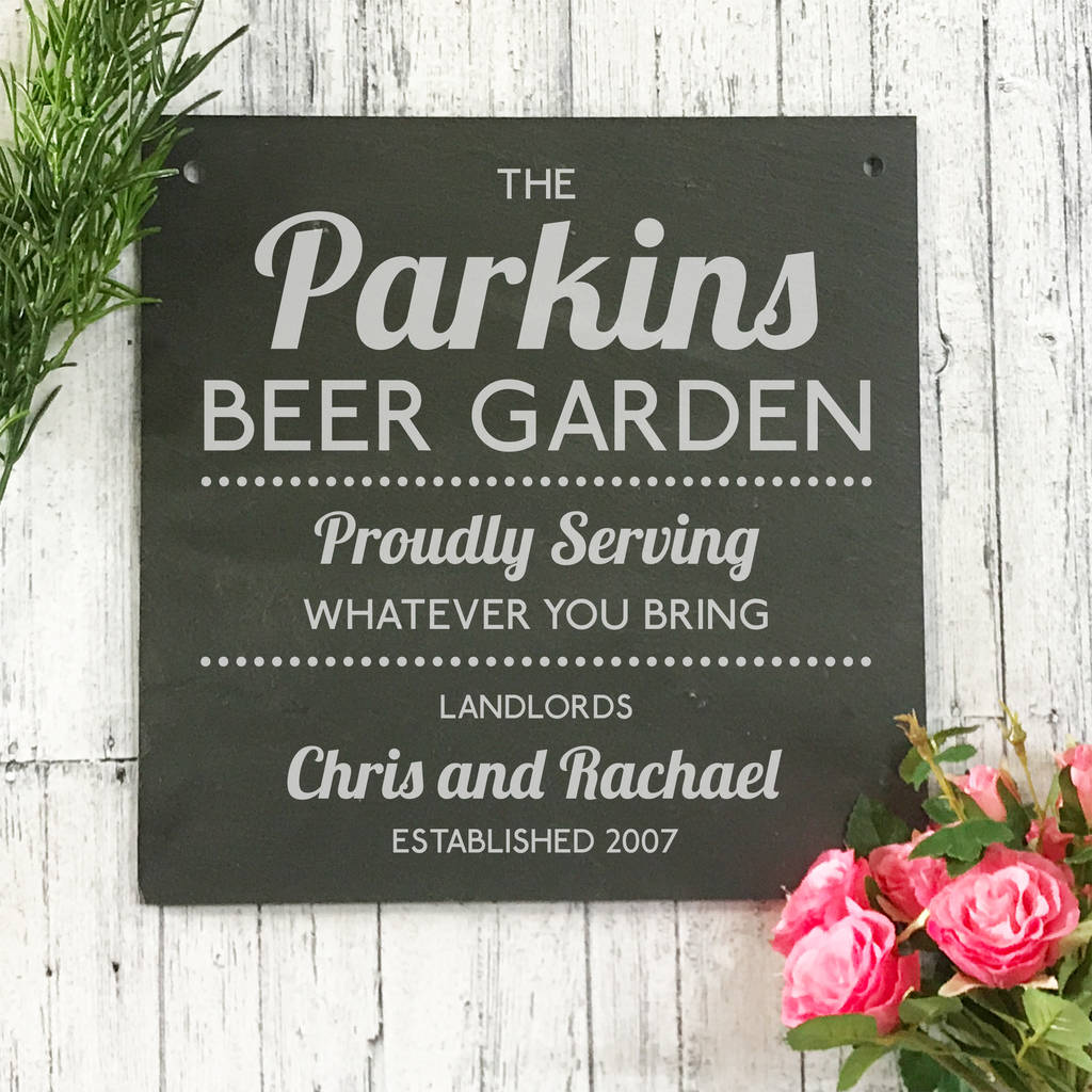 personalised beer garden engraved slate sign by pom gifts