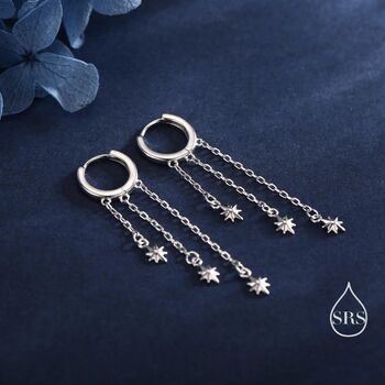 Sterling Silver Delicate Starburst Cascade Dangle Huggie Hoop Earrings, 3 of 11