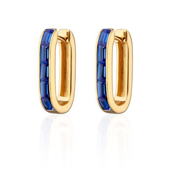 Gold Plated Oval Baguette Hoop Earrings With Blue Stones, 2 of 5