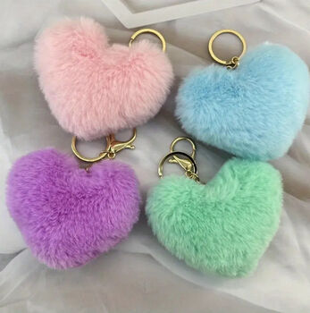 Faux Fur Fluffy Heart/ Pom Pom Keyring’s , Six Colours, Three Designs, 2 of 8