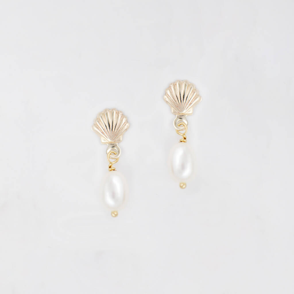 Shell Stud Earrings With Freshwater Pearl Drop, 1 of 5