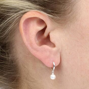 Sterling Silver Round Pearl Huggie Hoop Earrings, 2 of 7
