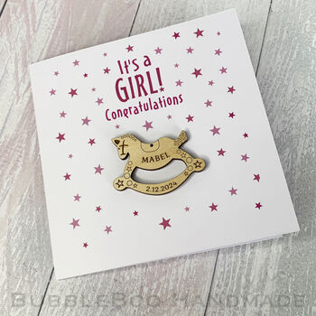 New Baby Congratulation Card. Its A Girl! With A Personalised Wooden Rocking Horse, 3 of 3