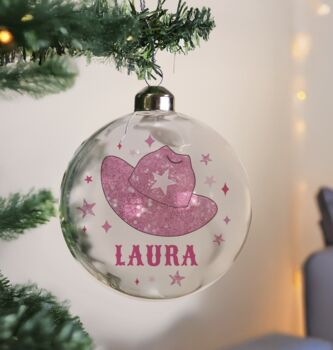 Personalised Cowgirl Hat Glass Christmas Bauble, 3 of 3