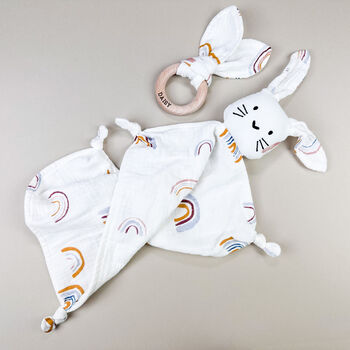 Rainbow Bunny Muslin New Baby Gift Set In Keepsake Box, 4 of 8