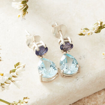 Blue Topaz And Sapphire Silver Stud Back Drop Earrings, 5 of 6