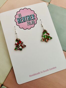 White, Red And Green Glitter Christmas Tree Resin Earrings / Traditional Christmas Gift / Secret Santa Gift, 7 of 9
